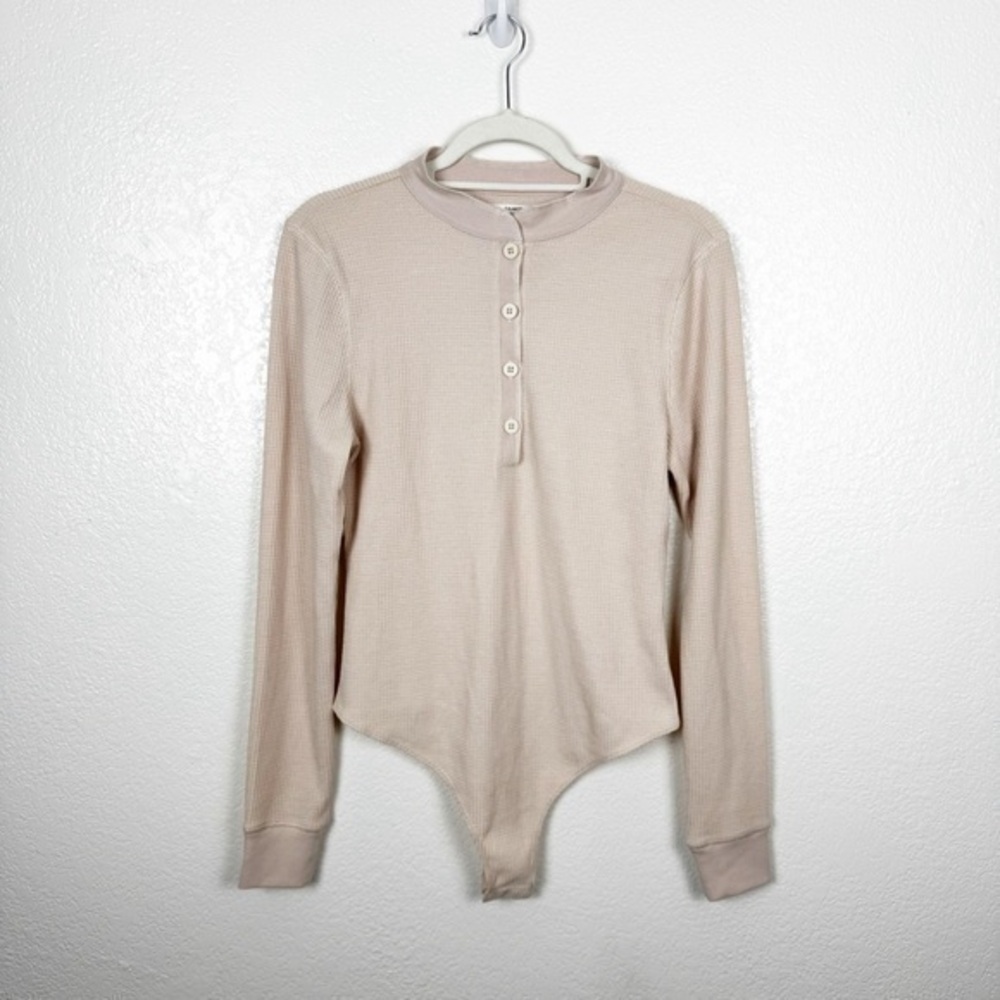 Tularosa Cream Tan Waffle Knit Henley Button Bodysuit Cotton Blend Size Large